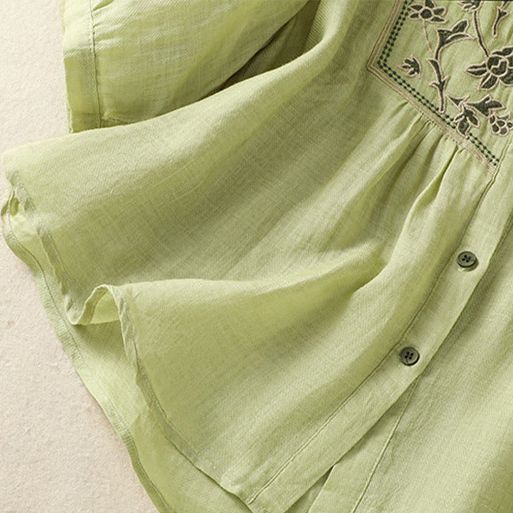 Camisa de lino y algodón para mujer, de manga tres cuartos, con bordado de Buddha Stones y botonadura sencilla - image 6