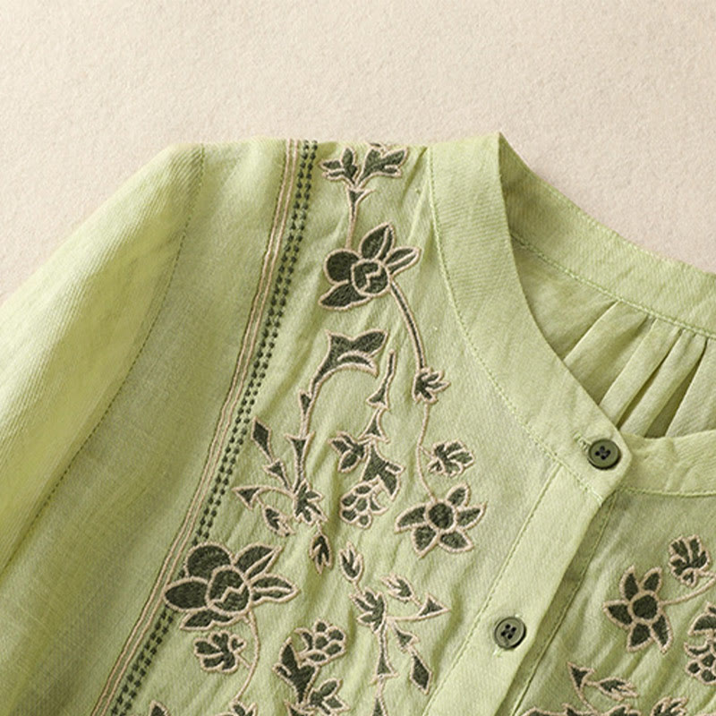 Camisa de lino y algodón para mujer, de manga tres cuartos, con bordado de Buddha Stones y botonadura sencilla - image 2