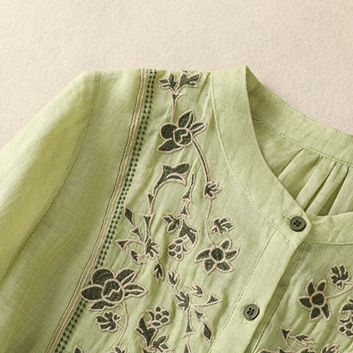 Camisa de lino y algodón para mujer, de manga tres cuartos, con bordado de Buddha Stones y botonadura sencilla - image 2