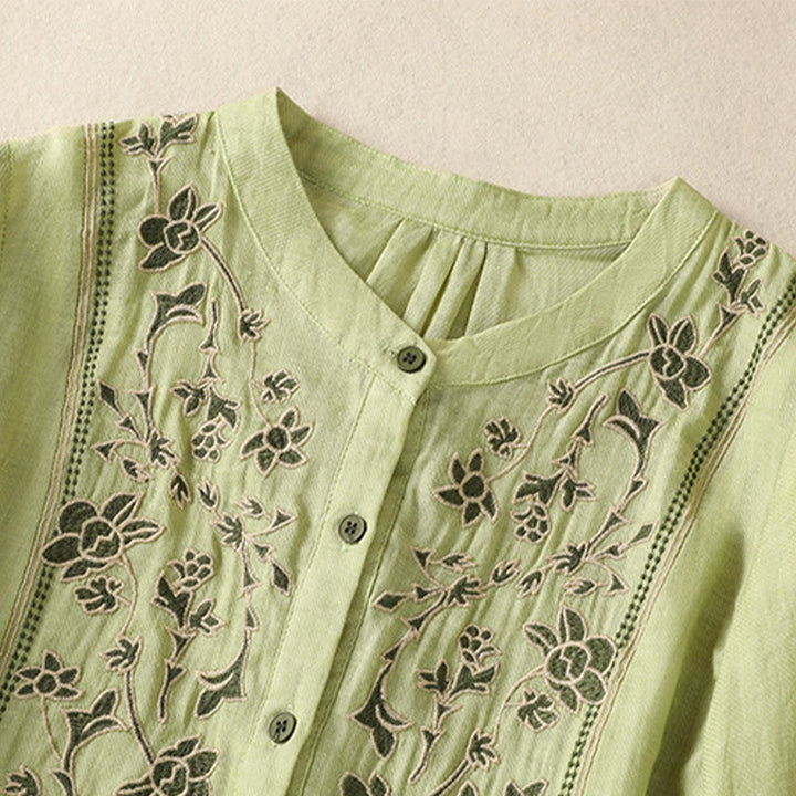 Camisa de lino y algodón para mujer, de manga tres cuartos, con bordado de Buddha Stones y botonadura sencilla - image 3