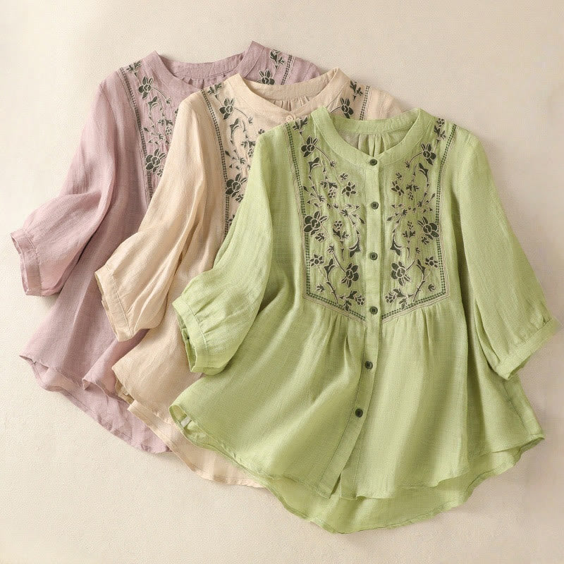 Camisa de lino y algodón para mujer, de manga tres cuartos, con bordado de Buddha Stones y botonadura sencilla - image 25