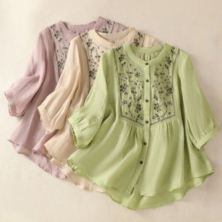 Camisa de lino y algodón para mujer, de manga tres cuartos, con bordado de Buddha Stones y botonadura sencilla - image 25