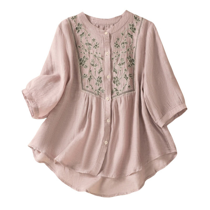 Camisa de lino y algodón para mujer, de manga tres cuartos, con bordado de Buddha Stones y botonadura sencilla - image 17