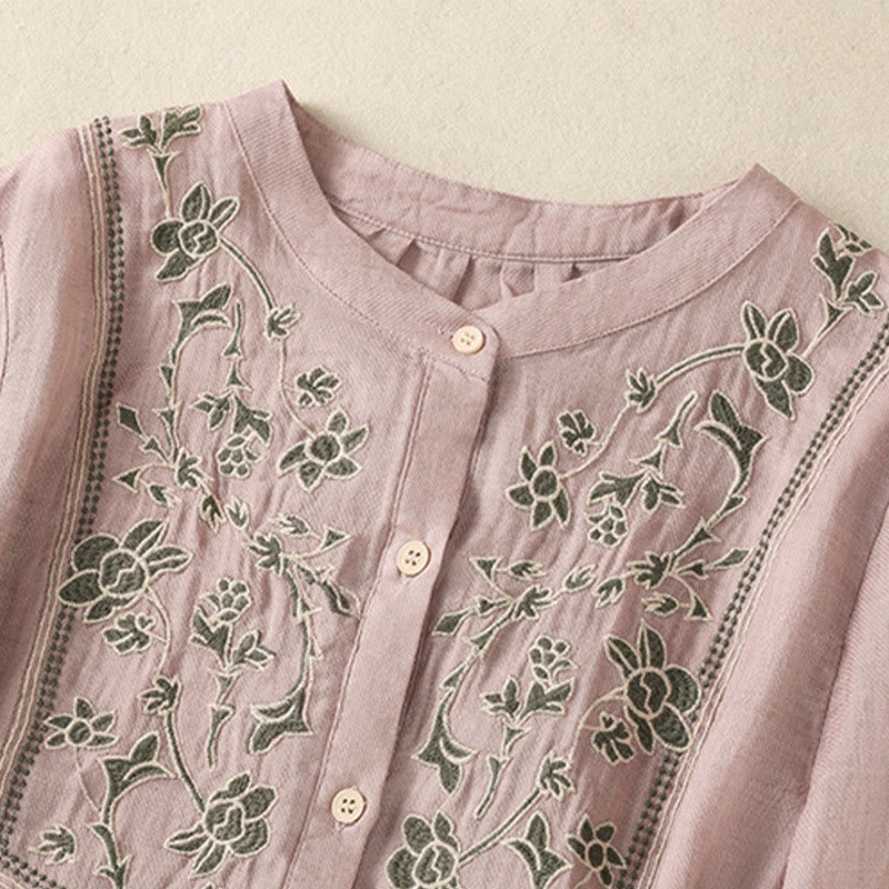 Camisa de lino y algodón para mujer, de manga tres cuartos, con bordado de Buddha Stones y botonadura sencilla - image 11