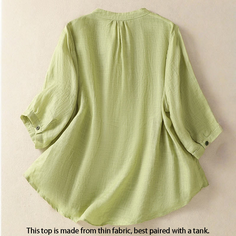 Camisa de lino y algodón para mujer, de manga tres cuartos, con bordado de Buddha Stones y botonadura sencilla - image 1