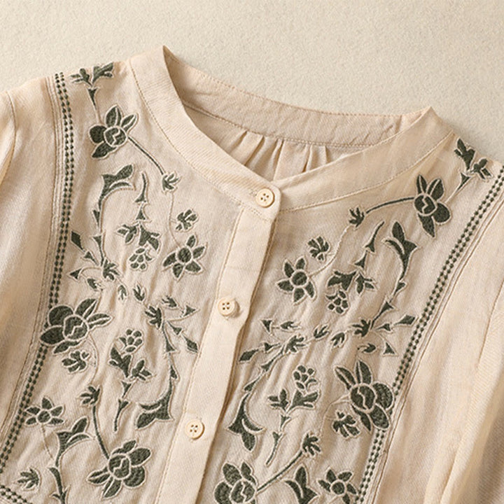 Camisa de lino y algodón para mujer, de manga tres cuartos, con bordado de Buddha Stones y botonadura sencilla - image 19