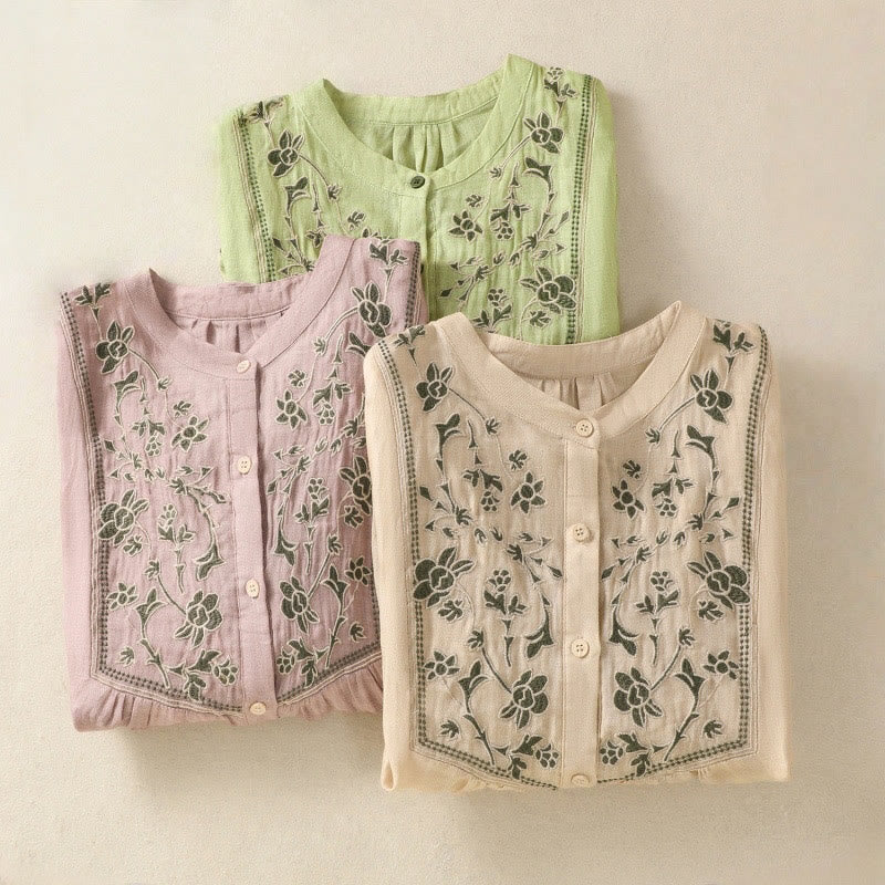 Camisa de lino y algodón para mujer, de manga tres cuartos, con bordado de Buddha Stones y botonadura sencilla - image 26