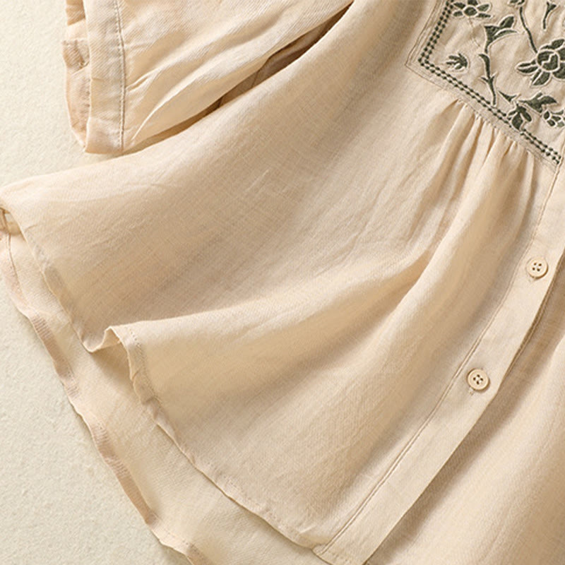 Camisa de lino y algodón para mujer, de manga tres cuartos, con bordado de Buddha Stones y botonadura sencilla - image 24