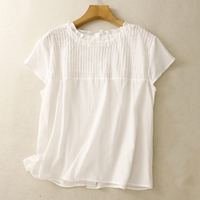 Camisa de manga corta para mujer con diseño plisado y volantes, color liso, estampado de Buddha Stones, ideal para el verano. - Blanco - US12, UK/AU16, EU44 (2XL) - image 11