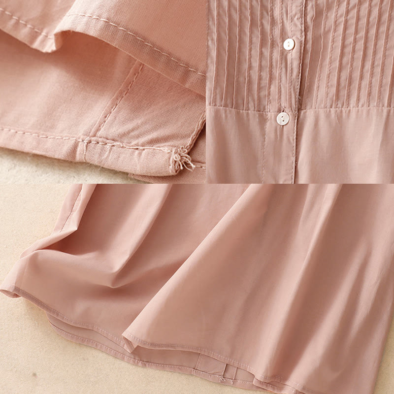 Camisa de manga corta de algodón para mujer con diseño plisado y volantes de color puro de Buddha Stones para verano - image 5