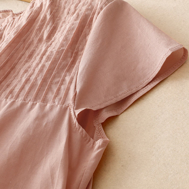 Camisa de manga corta para mujer con diseño plisado y volantes, color liso, estampado de Buddha Stones, ideal para el verano. - image 3