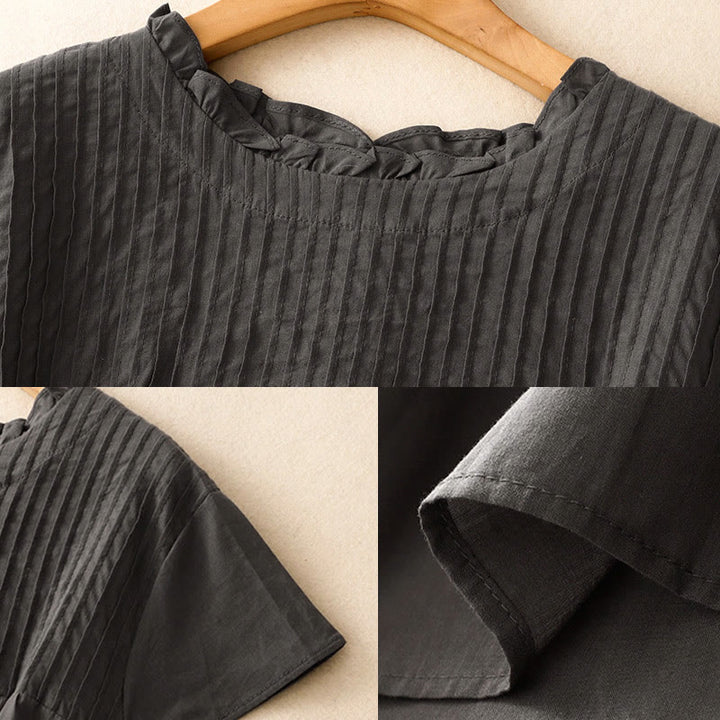 Camisa de manga corta de algodón para mujer con diseño plisado y volantes de color puro de Buddha Stones para verano - image 10