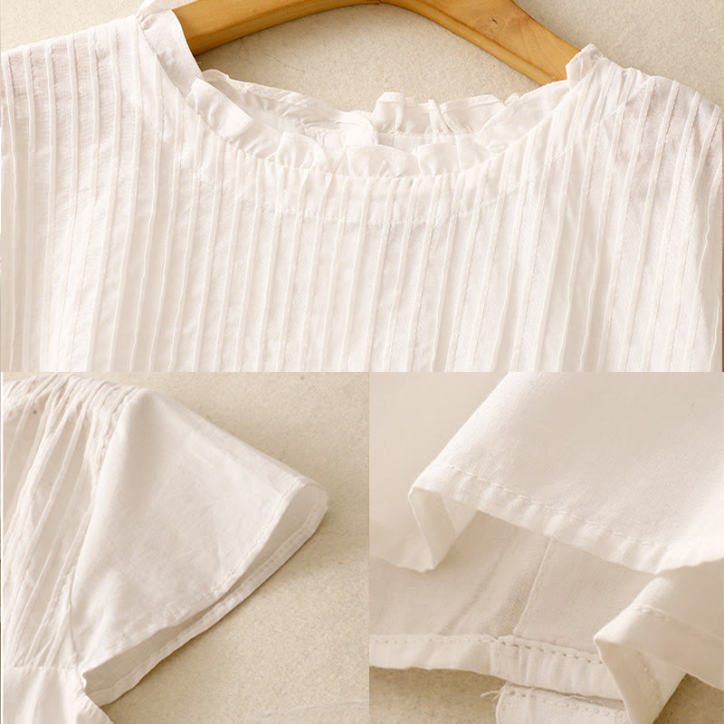 Camisa de manga corta de algodón para mujer con diseño plisado y volantes de color puro de Buddha Stones para verano - image 14