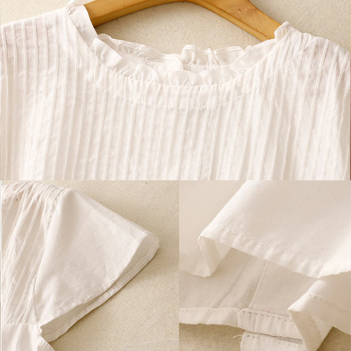 Camisa de manga corta de algodón para mujer con diseño plisado y volantes de color puro de Buddha Stones para verano - image 14