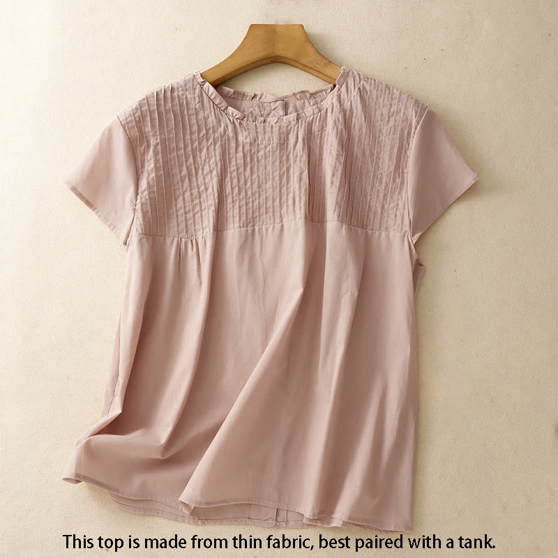 Camisa de manga corta de algodón para mujer con diseño plisado y volantes de color puro de Buddha Stones para verano - image 1