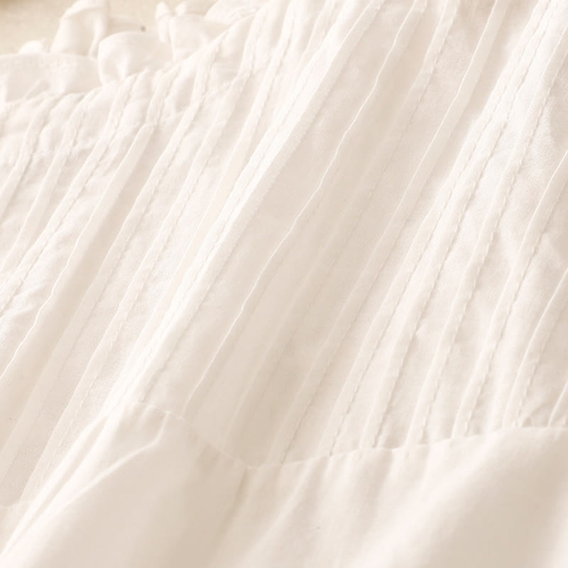 Camisa de manga corta de algodón para mujer con diseño plisado y volantes de color puro de Buddha Stones para verano - image 12