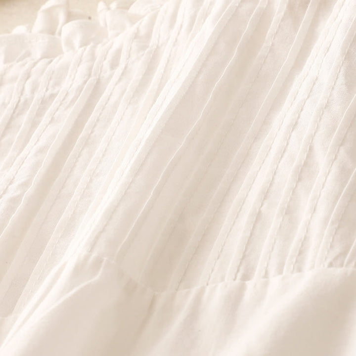 Camisa de manga corta de algodón para mujer con diseño plisado y volantes de color puro de Buddha Stones para verano - image 12