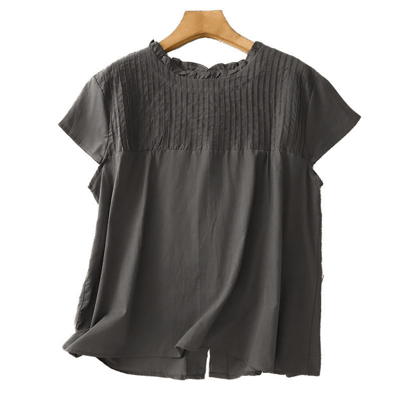 Camisa de manga corta de algodón para mujer con diseño plisado y volantes de color puro de Buddha Stones para verano - image 9