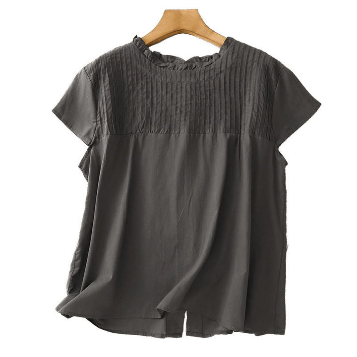 Camisa de manga corta de algodón para mujer con diseño plisado y volantes de color puro de Buddha Stones para verano - image 9