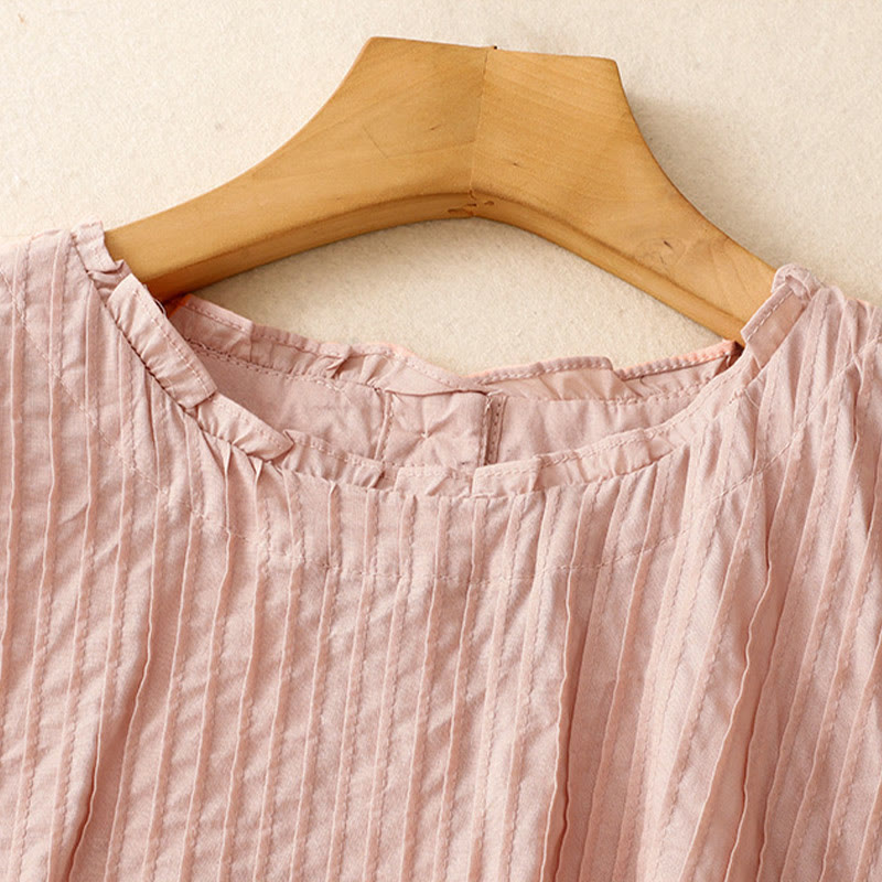 Camisa de manga corta de algodón para mujer con diseño plisado y volantes de color puro de Buddha Stones para verano - image 2