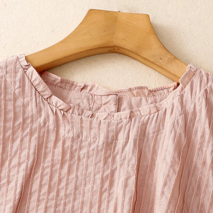 Camisa de manga corta de algodón para mujer con diseño plisado y volantes de color puro de Buddha Stones para verano - image 2