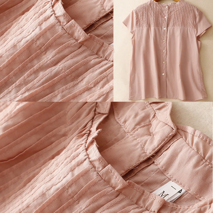 Camisa de manga corta de algodón para mujer con diseño plisado y volantes de color puro de Buddha Stones para verano - image 4