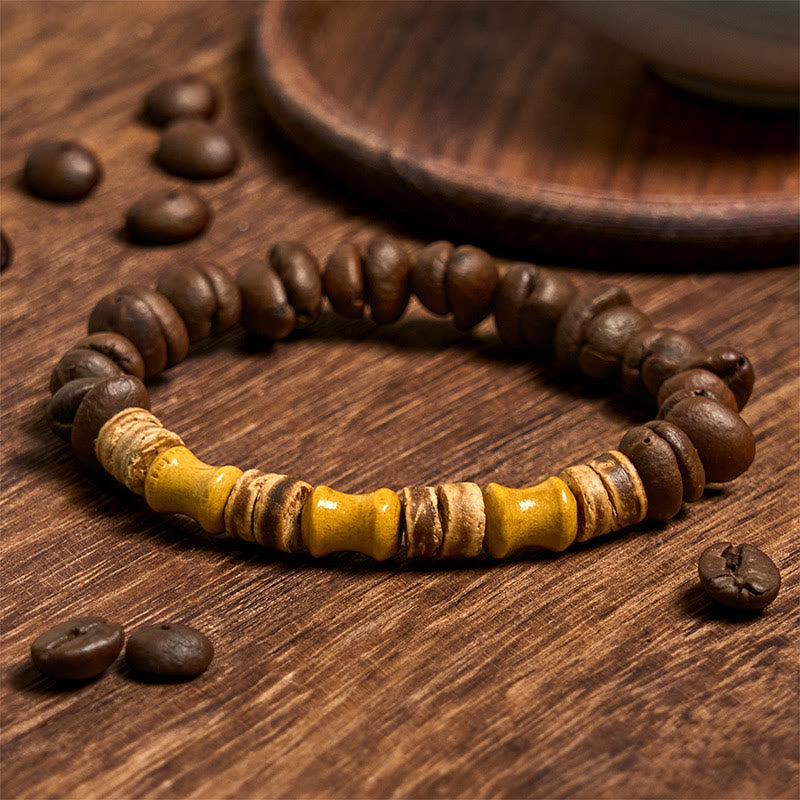 Pulsera positiva de jade, bambú, cáscara de coco y granos de café naturales hechos a mano con Buddha Stones - Granos de café (circunferencia de la muñeca: 14-17 cm) - image 1