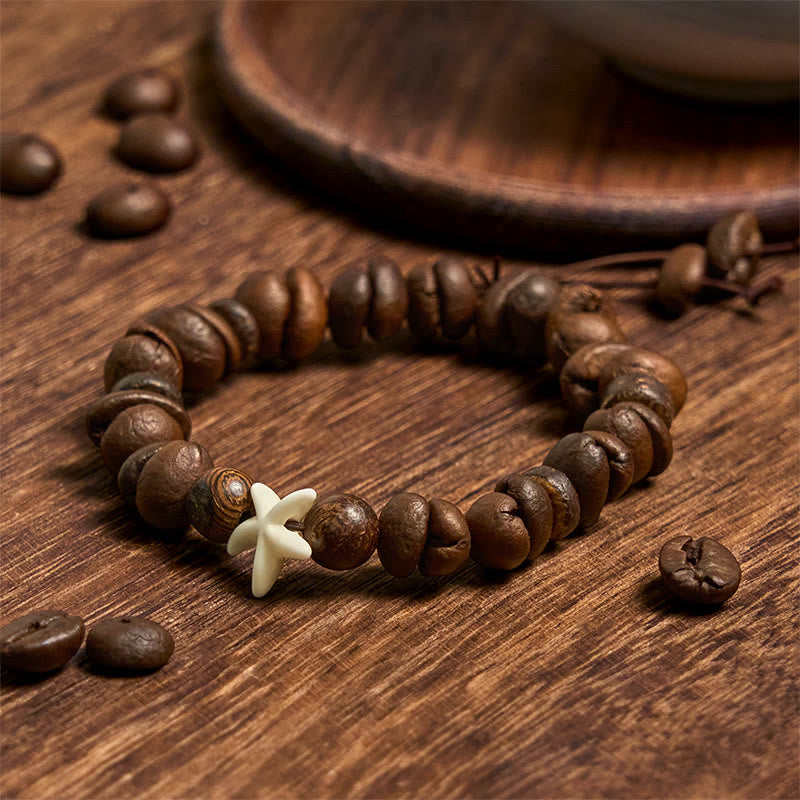 Pulsera de estrellas de mar con cuentas de madera y granos de café naturales hechos a mano con Buddha Stones - Granos de café (circunferencia de la muñeca: 14-17 cm) - image 1