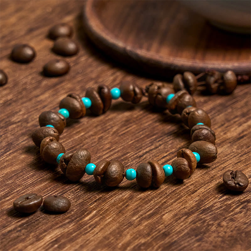 Pulsera de cuentas turquesas de granos de café naturales hechos a mano con Buddha Stones - Granos de café (circunferencia de la muñeca: 14-17 cm) - image 1