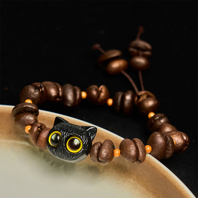 Pulsera de la paz con garra y semillas de bodhi, hecha a mano con granos de café naturales y Buddha Stones - Cabeza de gato negro (circunferencia de muñeca: 14-17 cm) - image 1