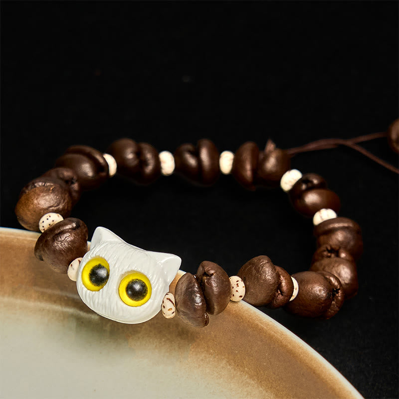 Pulsera de la paz con garra y semillas de bodhi, hecha a mano con granos de café naturales y Buddha Stones - Cabeza de gato blanca (circunferencia de muñeca: 14-17 cm) - image 8