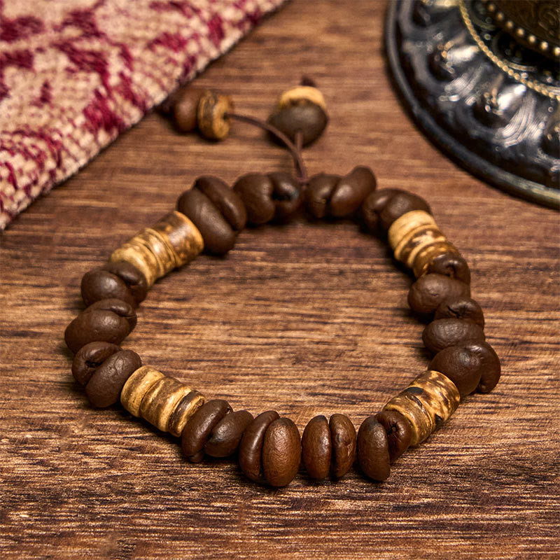 Pulsera de la felicidad hecha a mano con granos de café natural y cáscara de coco de Buddha Stones - Granos de café (circunferencia de la muñeca: 14-17 cm) - image 6