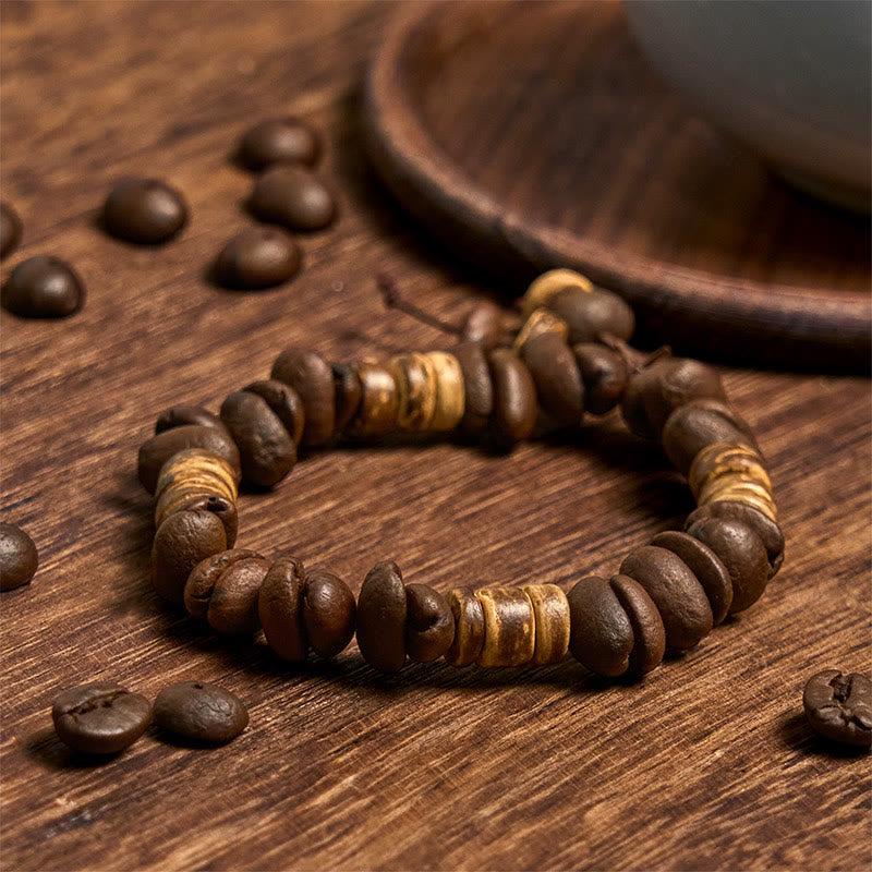 Pulsera de la felicidad hecha a mano con granos de café natural y cáscara de coco de Buddha Stones - image 7