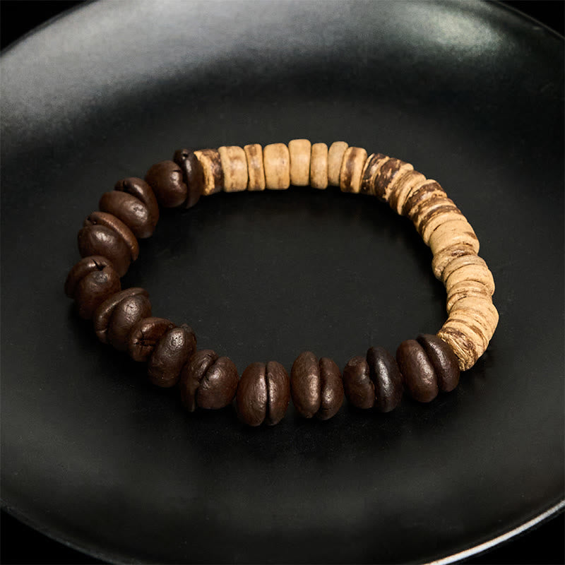 Pulsera de la felicidad hecha a mano con granos de café natural y cáscara de coco de Buddha Stones - image 3