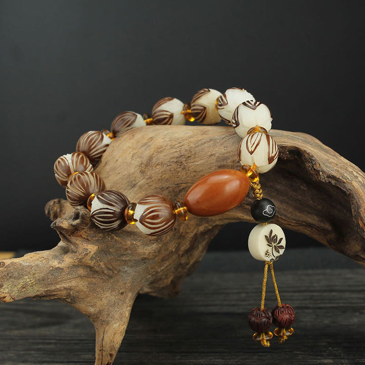 Pulsera tibetana de la paz con semillas de bodhi blancas y mala de Buddha Stones - Semilla de Bodhi y Núcleo Olivar (Circunferencia de la muñeca: 16-18 cm) - image 1