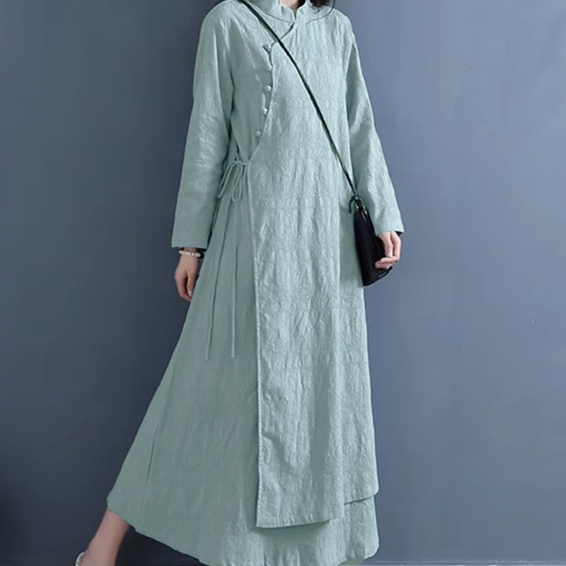 Vestido midi informal de lino y algodón con cordones laterales, diseño de botones de rana y estampado de Buddha Stones para primavera - image 9