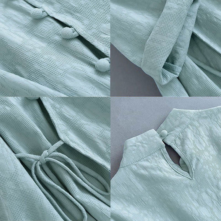 Vestido midi informal de lino y algodón con cordones laterales, diseño de botones de rana y estampado de Buddha Stones para primavera - image 12