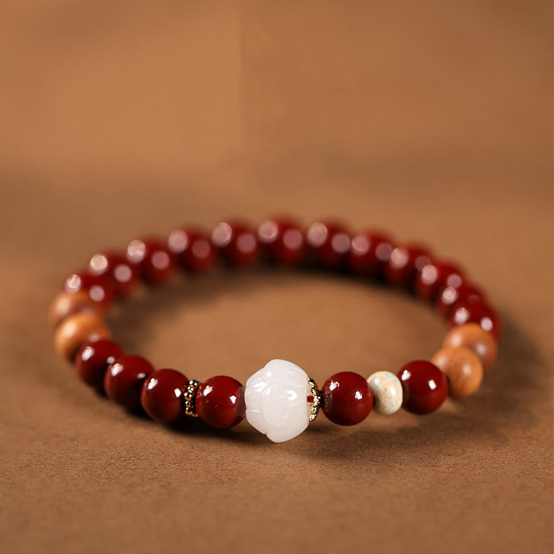 Pulsera de bendición con cuentas de madera de cinabrio y Buddha Stones con el símbolo de loto fu - Cinabrio y loto (circunferencia de la muñeca: 15-16 cm) - image 1
