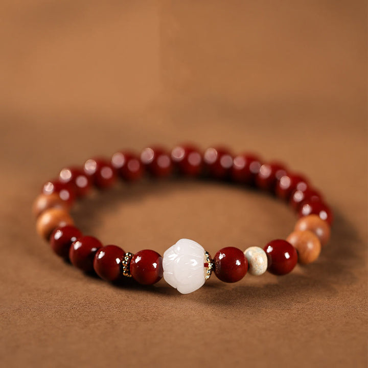 Pulsera de bendición con cuentas de madera de cinabrio y Buddha Stones con el símbolo de loto fu - Cinabrio y loto (circunferencia de la muñeca: 15-16 cm) - image 1