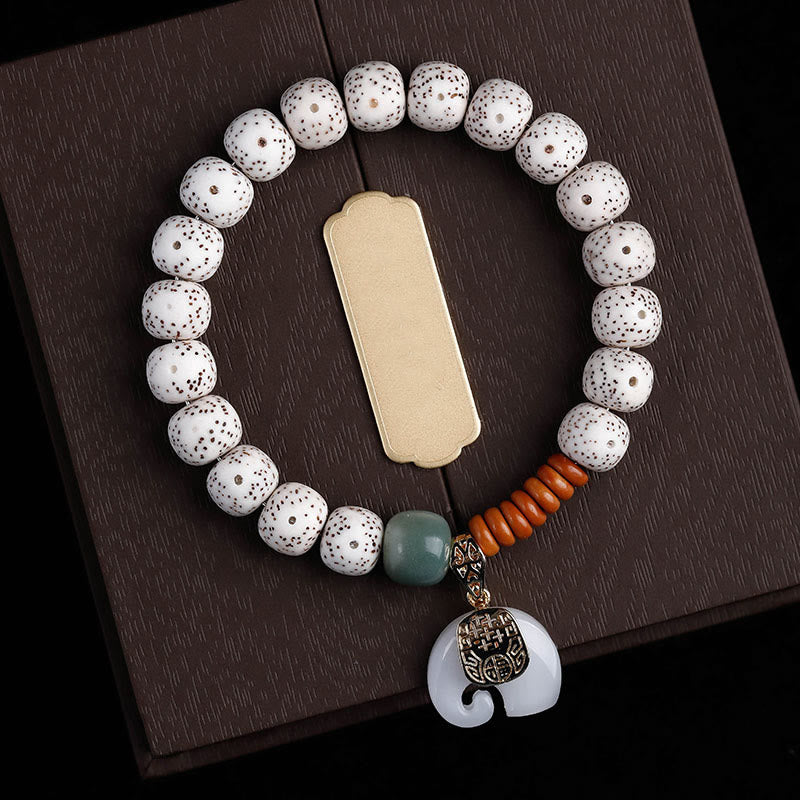Pulsera de paz interior con Buddha Stones pulidas a mano, estrella, luna, semilla de Bodhi y patrón de elefante - Semilla Bodhi de Luna y Estrella Blanca y Elefante Blanco (circunferencia de la muñeca: 14-16 cm) - image 1