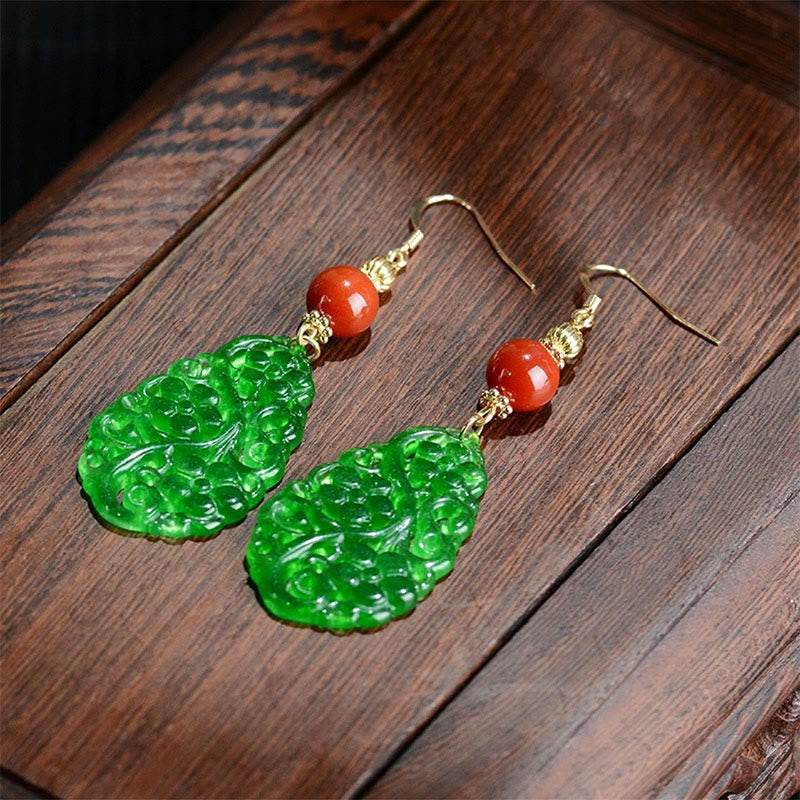 Pendientes de la suerte de plata de ley 925 con forma de gota de agua hueca de jade y ágata roja y piedras de Buddha Stones - Postes de jade, ágata roja y plata - image 2