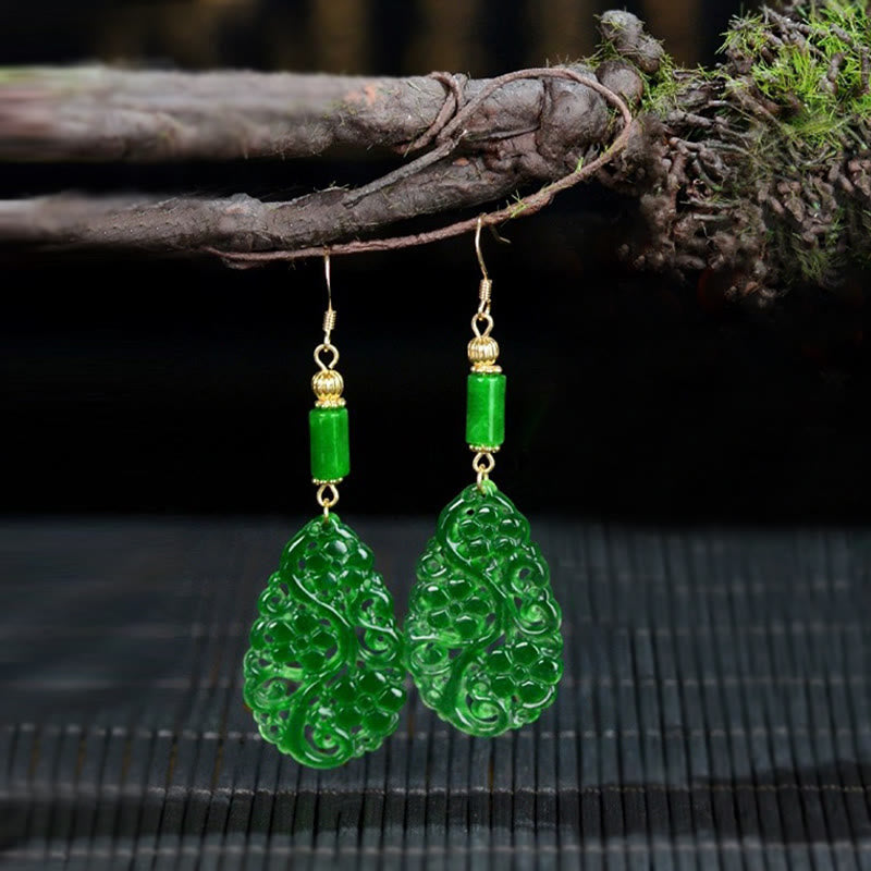 Pendientes de la suerte de plata de ley 925 con forma de gota de agua hueca de jade y ágata roja y piedras de Buddha Stones - Postes de jade y plata - image 7