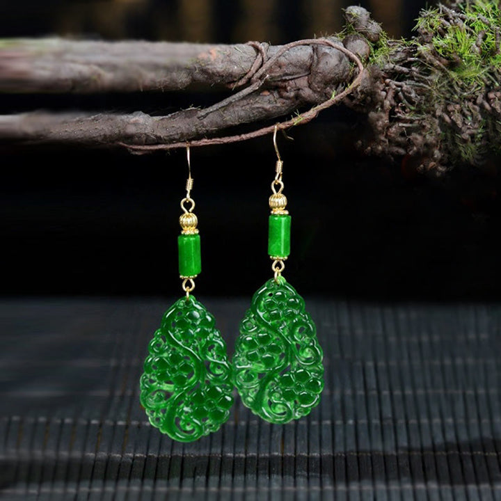 Pendientes de la suerte de plata de ley 925 con forma de gota de agua hueca de jade y ágata roja y piedras de Buddha Stones - Postes de jade y plata - image 7