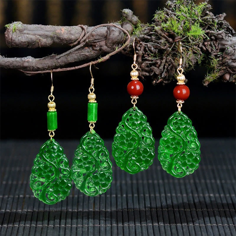 Pendientes de la suerte de plata de ley 925 con forma de gota de agua hueca de jade y ágata roja y piedras de Buddha Stones - image 1