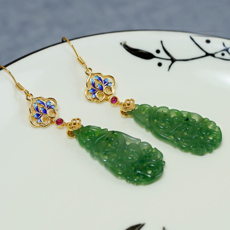 Pendientes de prosperidad de plata de ley 925 con jade hetiano hueco y esmalte de Buddha Stones - image 5