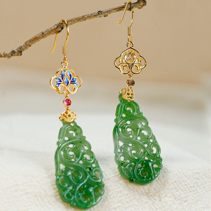Pendientes de prosperidad de plata de ley 925 con jade hetiano hueco y esmalte de Buddha Stones - Postes de jade y plata de Hetian - image 1