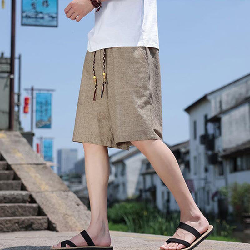 Pantalones cortos de lino para hombre con bolsillos y tejido de Buddha Stones, cuerda y cuentas. - image 5