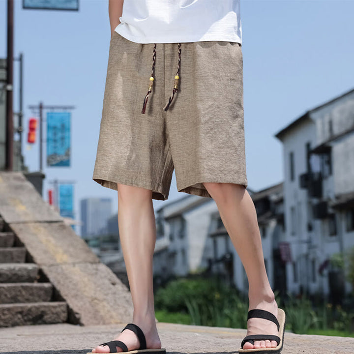 Pantalones cortos de lino para hombre con bolsillos y tejido de Buddha Stones, cuerda y cuentas. - image 3