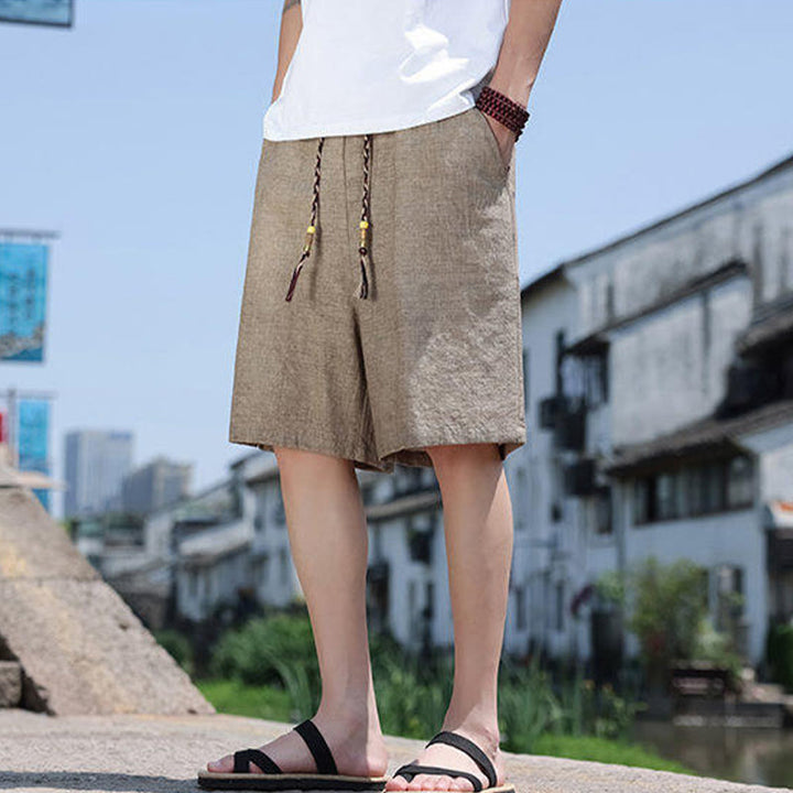 Pantalones cortos de lino para hombre con bolsillos y tejido de Buddha Stones, cuerda y cuentas. - Broncearse - US18, UK/AU22, EU50 (5XL) - image 0