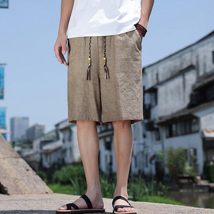 Pantalones cortos de lino para hombre con bolsillos y tejido de Buddha Stones, cuerda y cuentas. - image 1